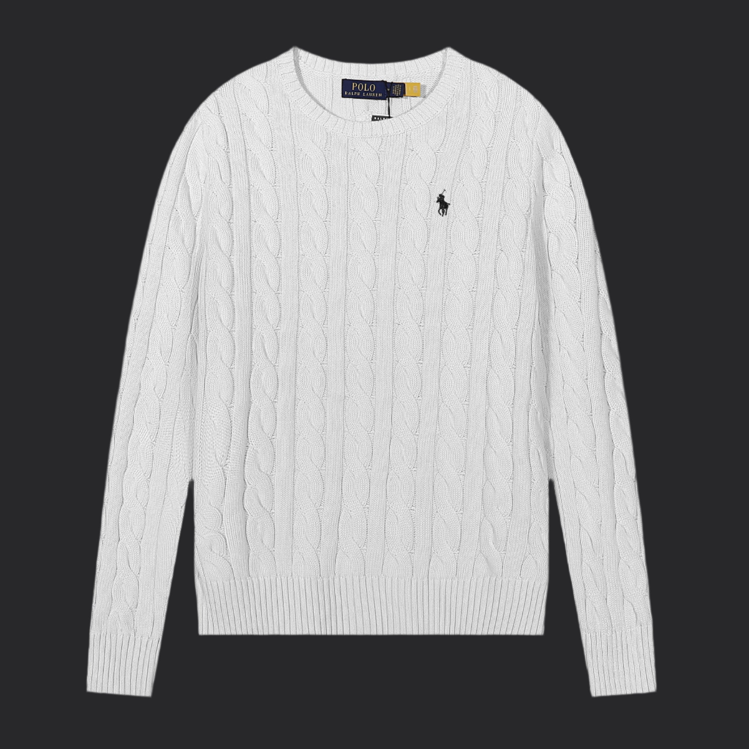 Polo Ralph Lauren Cable-Knit Wool-Cashmere Sweater- White/Black Logo