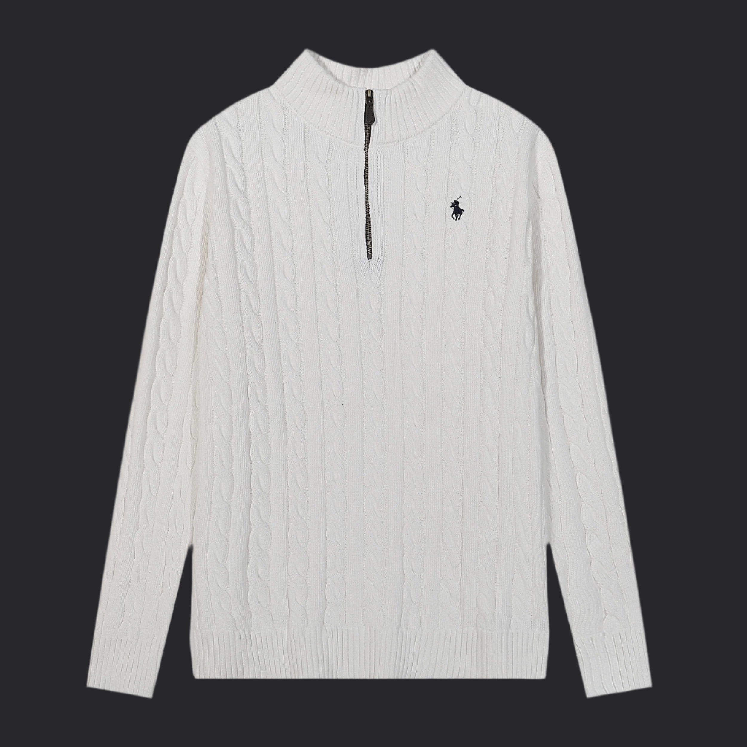 Polo Ralph Lauren Cable-Knit Cotton Quarter-Zip Sweater- White/Black Logo