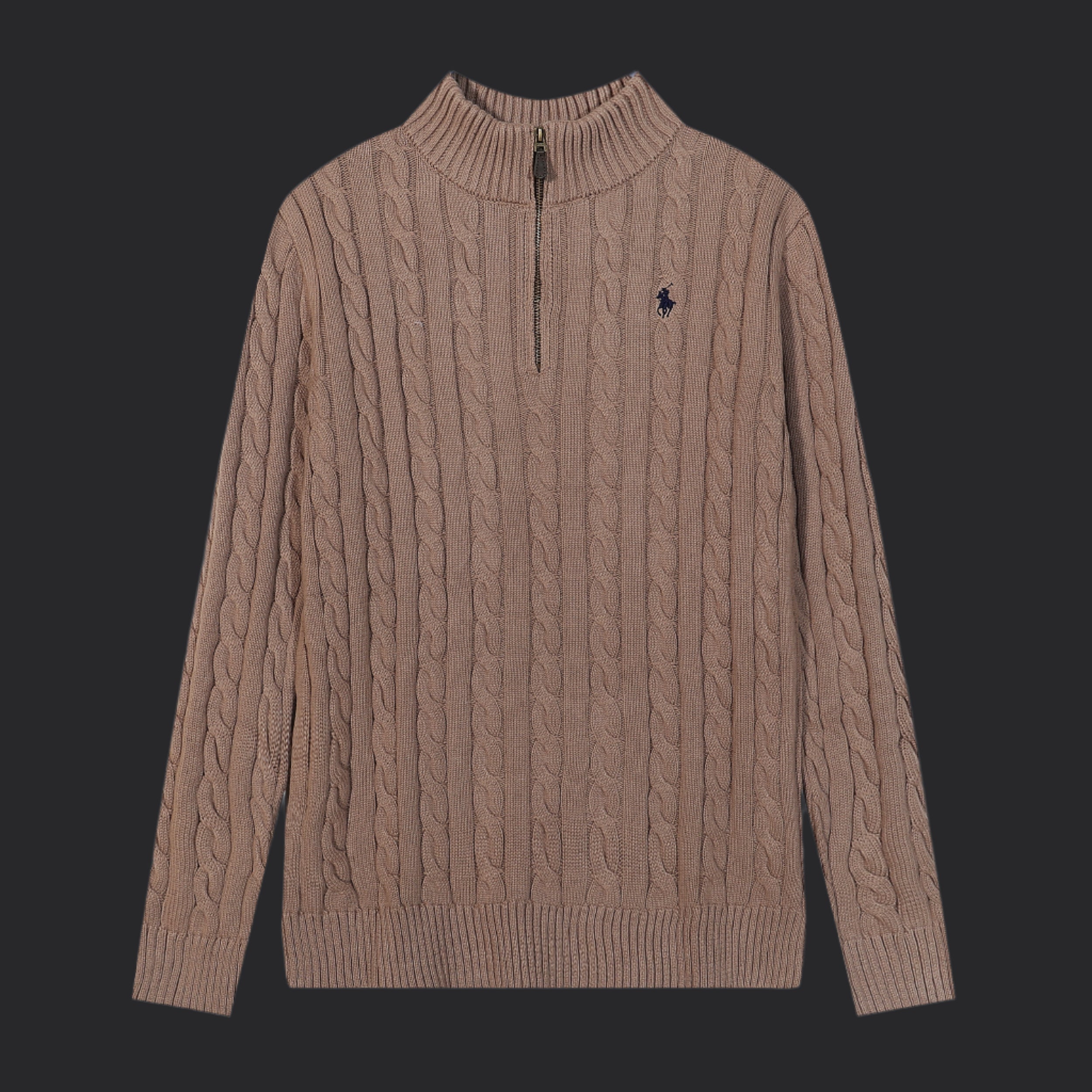 Polo Ralph Lauren Cable-Knit Cotton Quarter-Zip Sweater- Brown/Black Logo