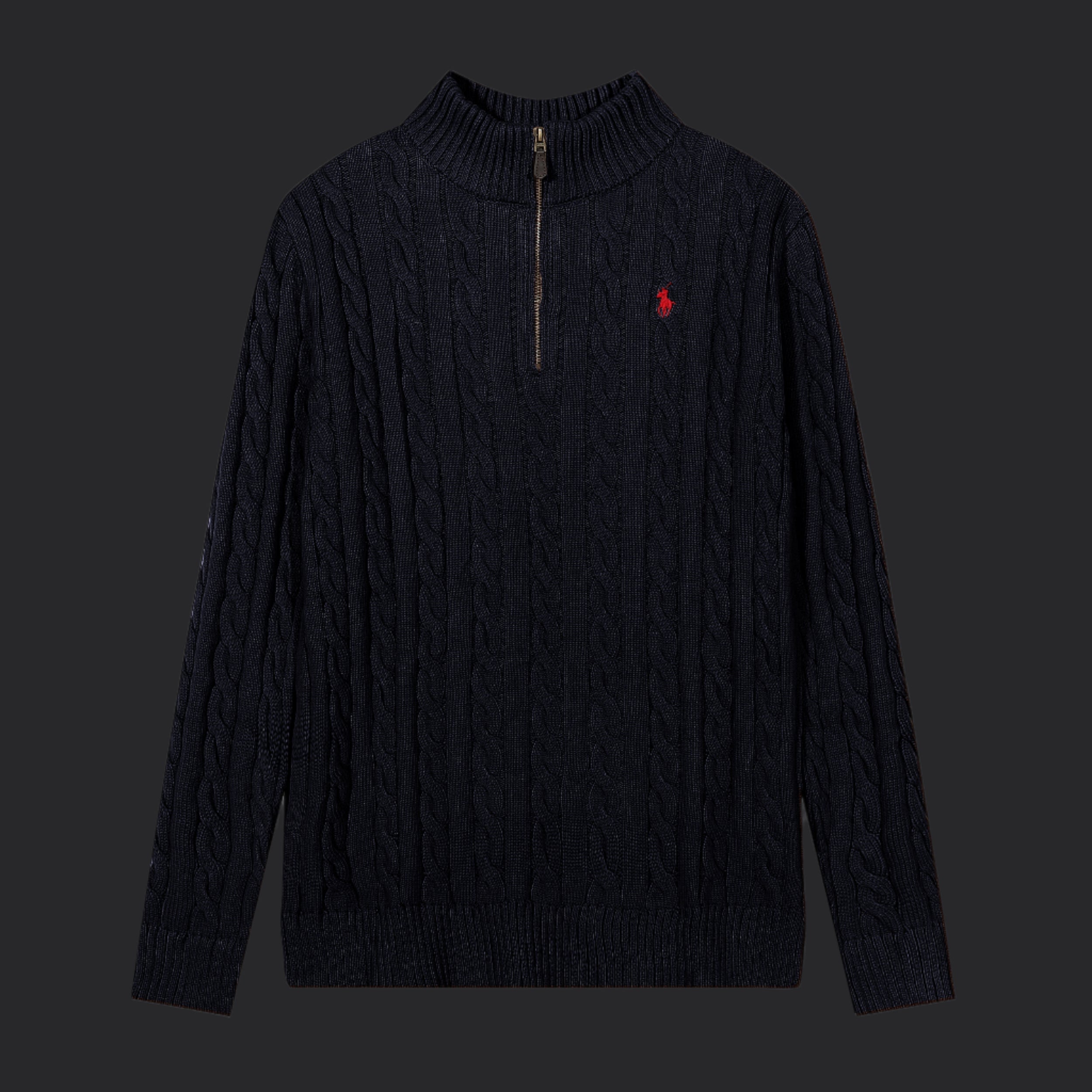 Polo Ralph Lauren Cable-Knit Cotton Quarter-Zip Sweater- Black/Red Logo