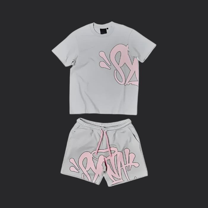 Syna World T-Shirt & Shorts Logo Set - Grey / Pink