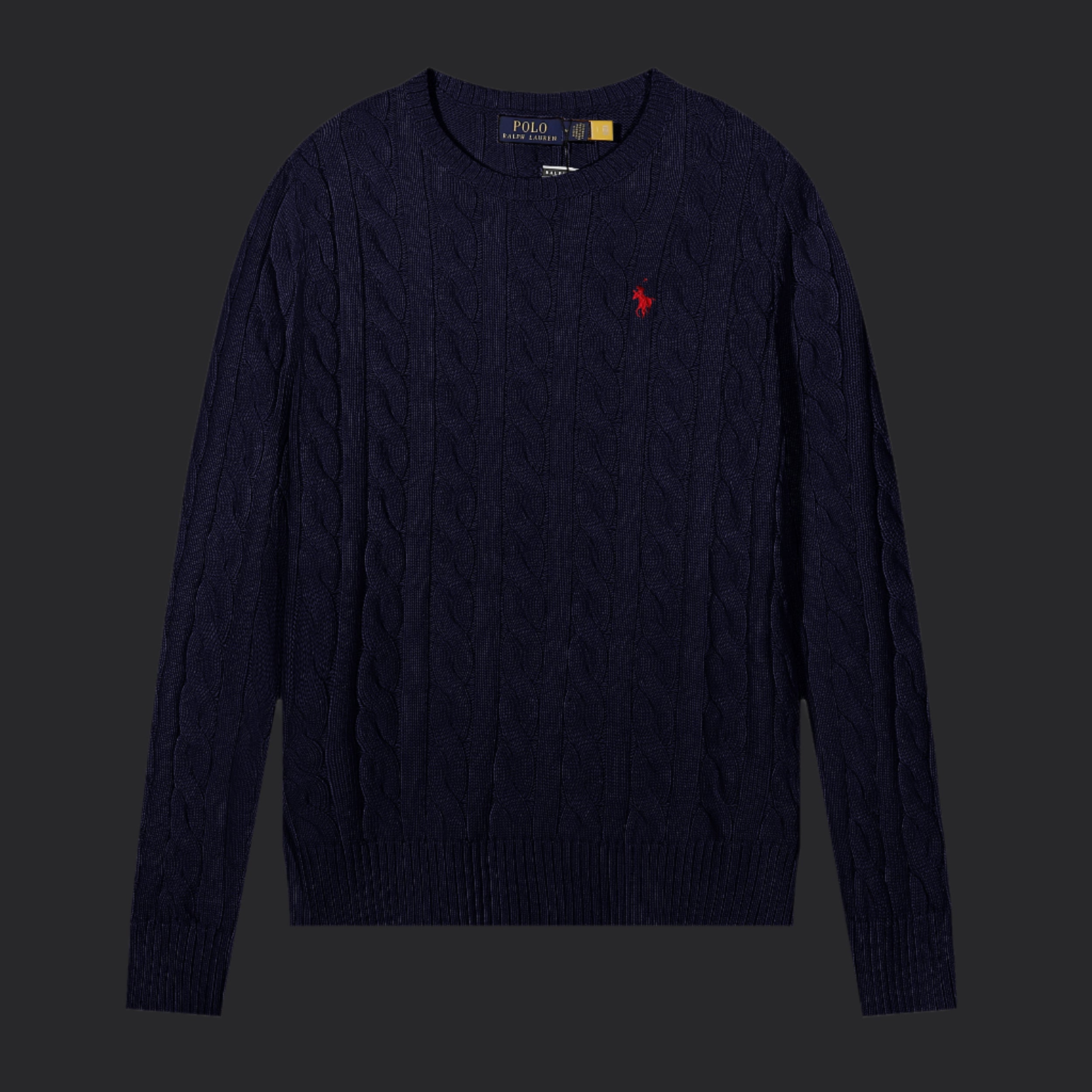 Polo Ralph Lauren Cable-Knit Wool-Cashmere Sweater- Navy Blue/Red Logo
