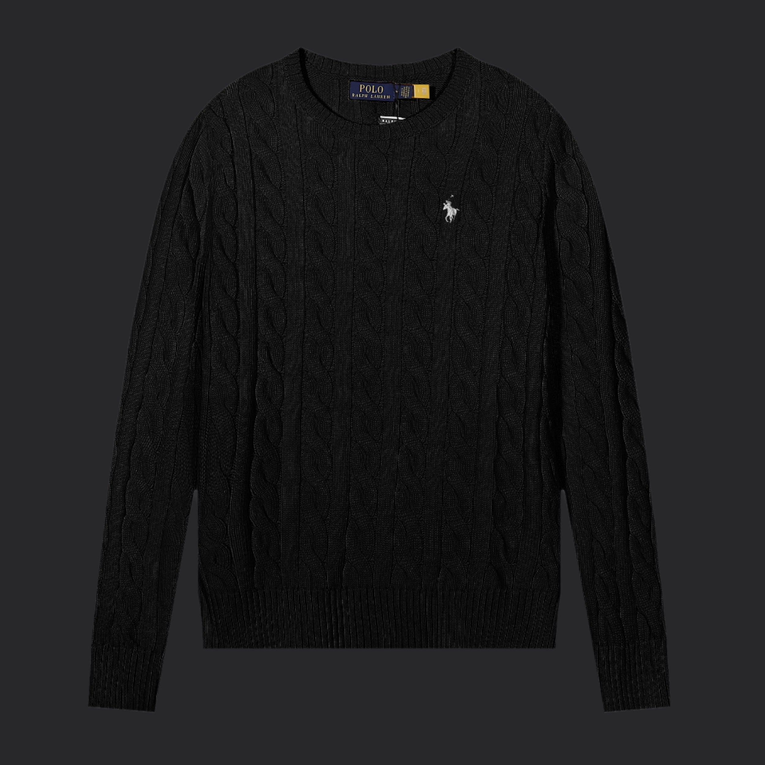 Polo Ralph Lauren Cable-Knit Wool-Cashmere Sweater- Black/White Logo